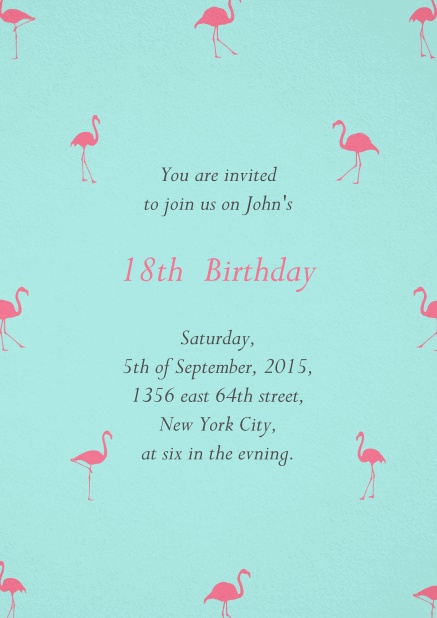Invitation with pink flamingos for 18th birthday.