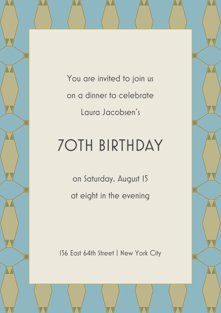 Online invitation for 70th birthday with patterned frame and text in the middle.
