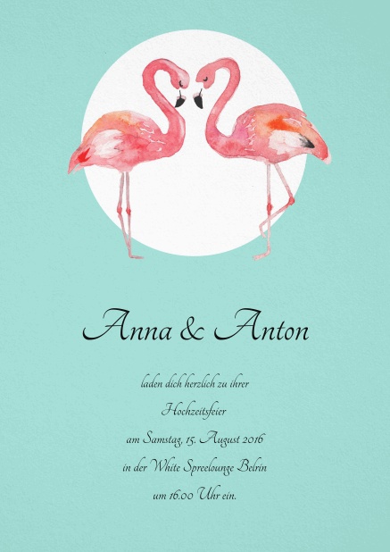 Türkise Einladungskarte mit zwei Flamingos.