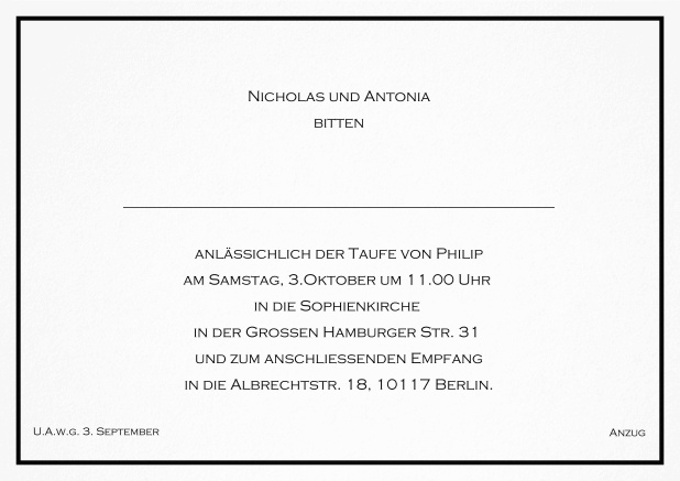 Klassische Einladungskarte zur Taufe mit farbiger Linie als Rahmen und editierbarem Einladungstext für eine Taufeinladung in verschiedenen Farben. Schwarz.