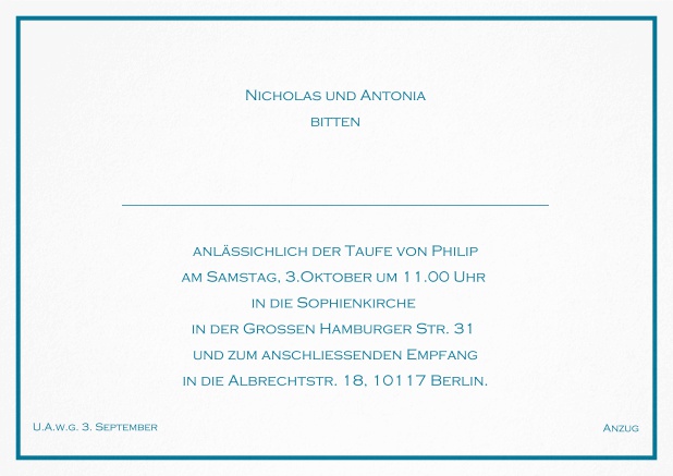 Klassische Einladungskarte zur Taufe mit farbiger Linie als Rahmen und editierbarem Einladungstext für eine Taufeinladung in verschiedenen Farben. Blau.