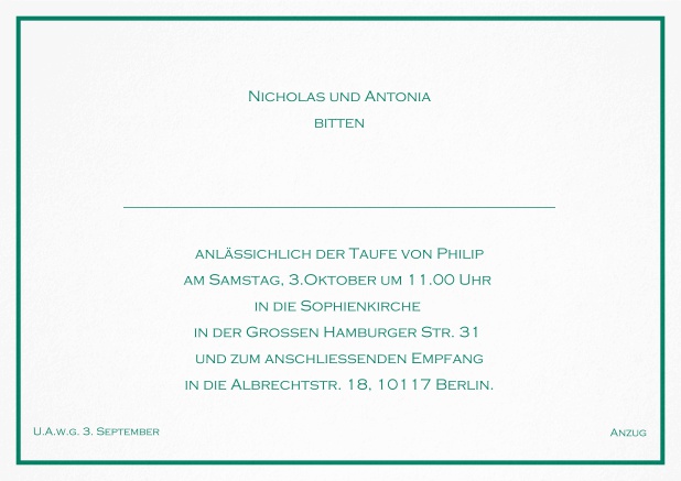 Klassische Einladungskarte zur Taufe mit farbiger Linie als Rahmen und editierbarem Einladungstext für eine Taufeinladung in verschiedenen Farben. Grün.