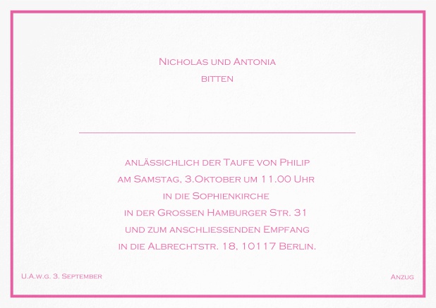 Klassische Einladungskarte zur Taufe mit farbiger Linie als Rahmen und editierbarem Einladungstext für eine Taufeinladung in verschiedenen Farben. Rosa.