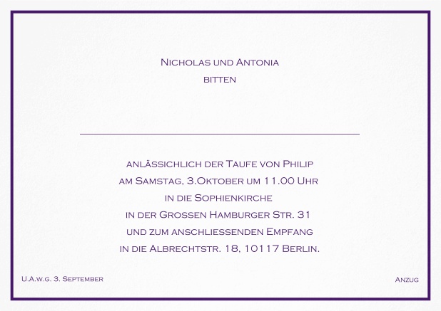 Klassische Einladungskarte zur Taufe mit farbiger Linie als Rahmen und editierbarem Einladungstext für eine Taufeinladung in verschiedenen Farben. Lila.
