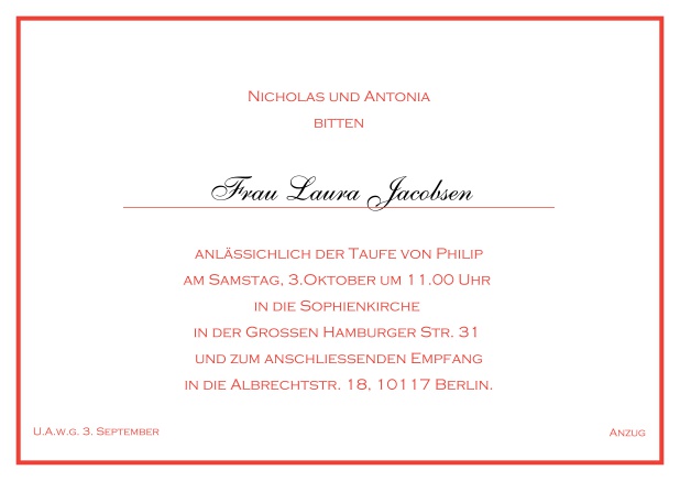 Online  klassische Einladungskarte zur Taufe mit farbiger Linie als Rahmen und editierbarem Einladungstext für eine Taufeinladung in verschiedenen Farben. Rot.