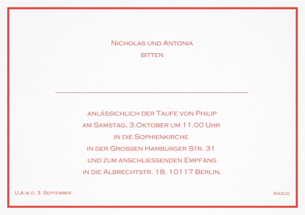 Klassische Einladungskarte zur Taufe mit farbiger Linie als Rahmen und editierbarem Einladungstext für eine Taufeinladung in verschiedenen Farben. Rot.