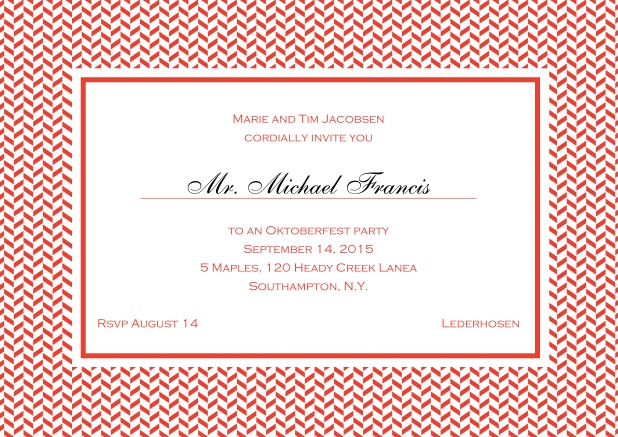 Classic online invitation with thin waves frame, editable text and line for personal addressing. Red.
