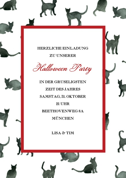 Weiß-schwarze online Halloweenkarte mit dünnem, rotem Rahmen und Katzen.