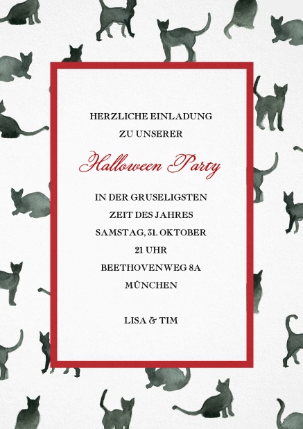 Einladungskarte zur Halloweenparty mit schwarzen Katzen und dünnen, roten Rahmen.