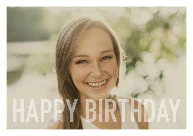 Online card with white framed photo and Happy Birthday text and Birthday wishes text on 2nd page. White.