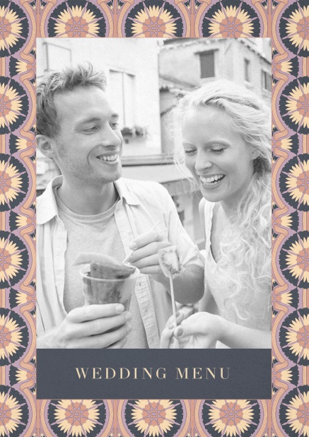 Menu card design with photo and floral art-nouveau frame. Navy.