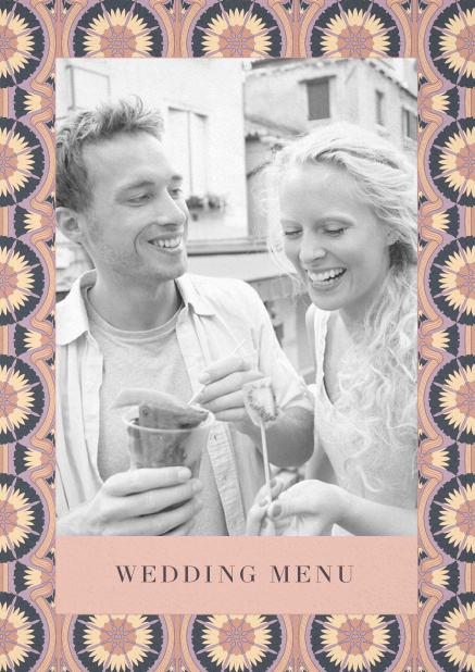 Menu card design with photo and floral art-nouveau frame. Orange.