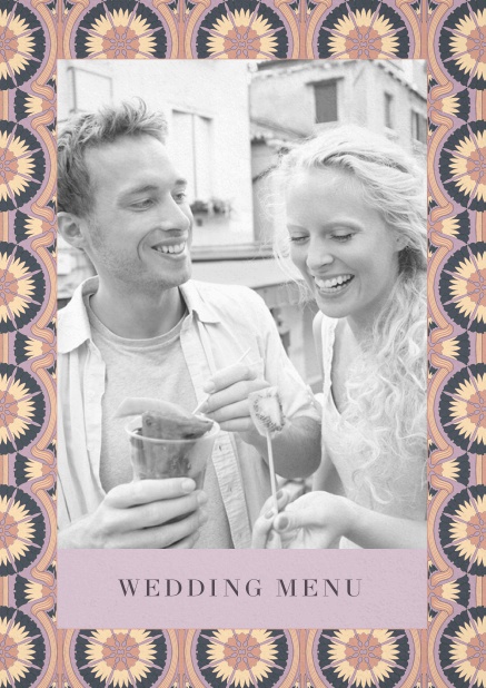 Menu card design with photo and floral art-nouveau frame. Pink.