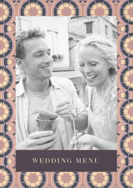 Menu card design with photo and floral art-nouveau frame. Purple.