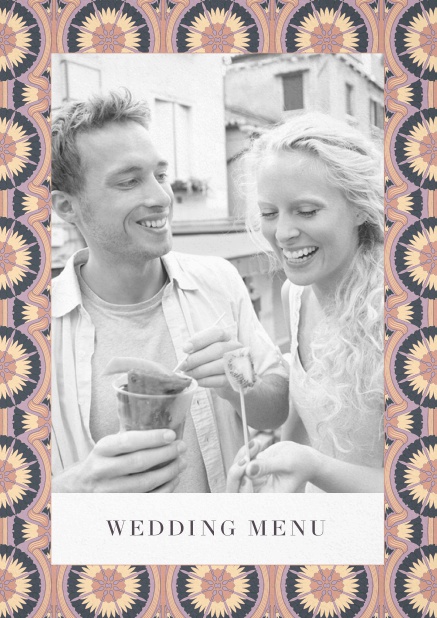 Menu card design with photo and floral art-nouveau frame. White.