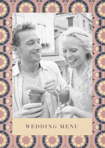 Menu card design with photo and floral art-nouveau frame. Yellow.