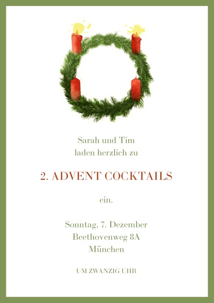 Online Einladungskarte zum dritten Advent mit zwei brennenden Kerzen Grün.