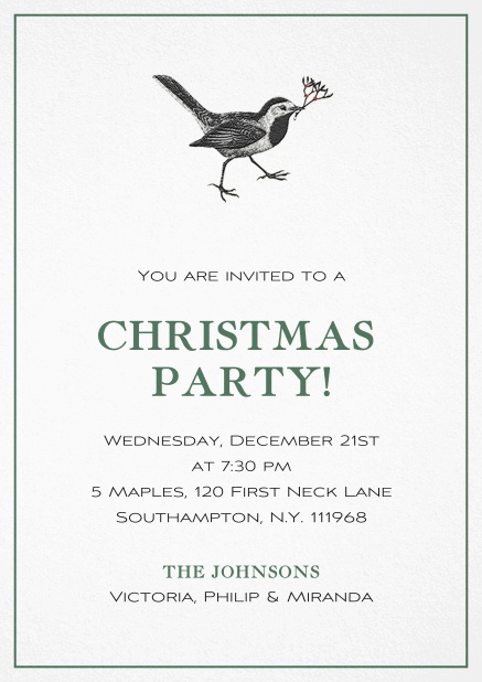 Christmas party invitation with Christmas bird and red frame Green.