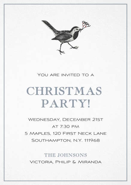 Einladungskarte zur Weihnachtsfeier mit Weihnachtsvogel und rotem Rahmen. Grau.