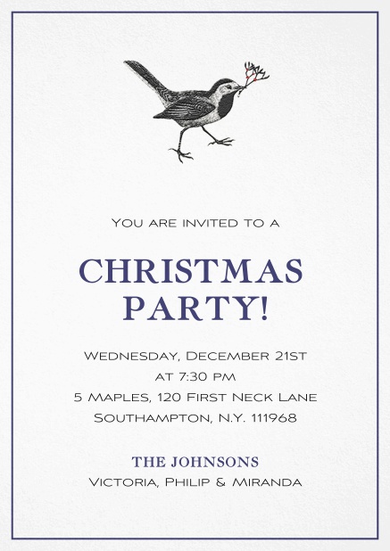 Christmas party invitation with Christmas bird and red frame Navy.