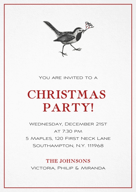 Einladungskarte zur Weihnachtsfeier mit Weihnachtsvogel und rotem Rahmen. Rot.