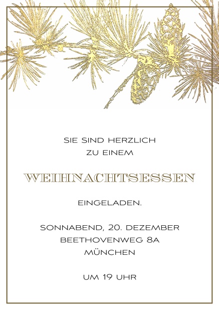 Online Einladungskarte zur Weihnachtsparty mit goldenem Ast und passendem Rahmen. Braun.