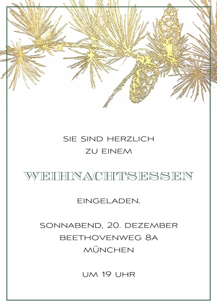 Online Einladungskarte zur Weihnachtsparty mit goldenem Ast und passendem Rahmen. Grün.