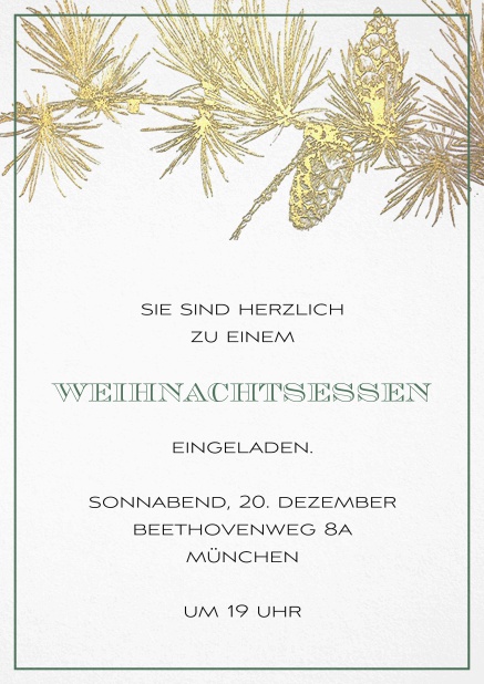 Einladungskarte zur Weihnachtsparty mit goldenem Ast und passendem Rahmen.