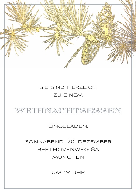 Online Einladungskarte zur Weihnachtsparty mit goldenem Ast und passendem Rahmen. Grau.