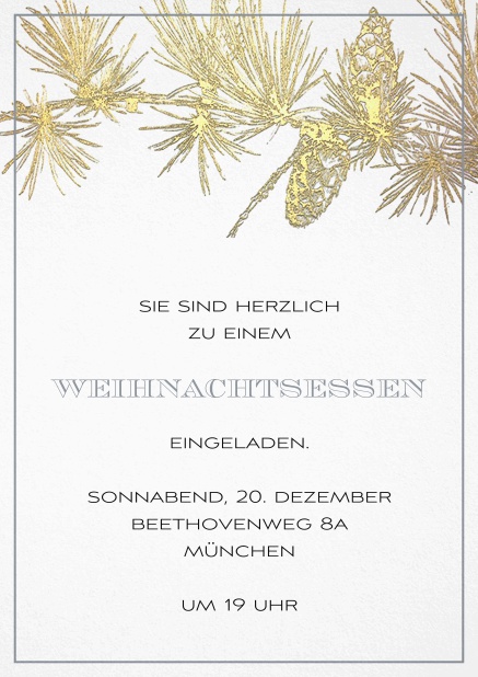 Einladungskarte zur Weihnachtsparty mit goldenem Ast und passendem Rahmen. Grau.