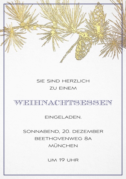 Einladungskarte zur Weihnachtsparty mit goldenem Ast und passendem Rahmen. Marine.