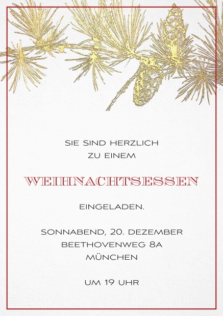 Einladungskarte zur Weihnachtsparty mit goldenem Ast und passendem Rahmen. Rot.