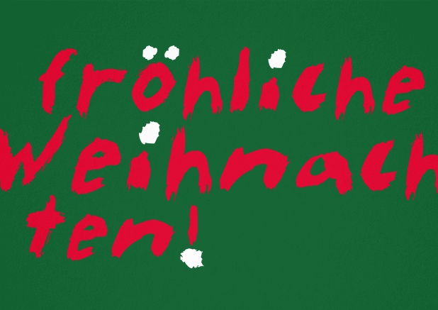 Schicke Weihnachtskarte mit gestaltetem Fröhliche Weihnachten und Schneebällen über den "i's". Grün.