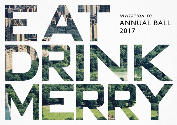 Foto Einladungskarte mit großem Eat Drink Merry Text.