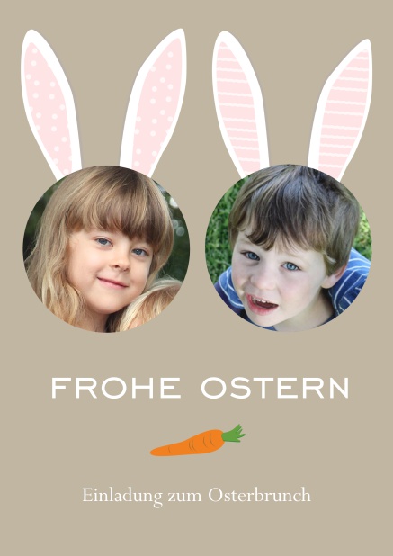 Ein fröhliches Design mit rosa Osterhasenohren über zwei Foto-Kreisen für Gesichter, perfekt für Online Einladungen zu Ostern