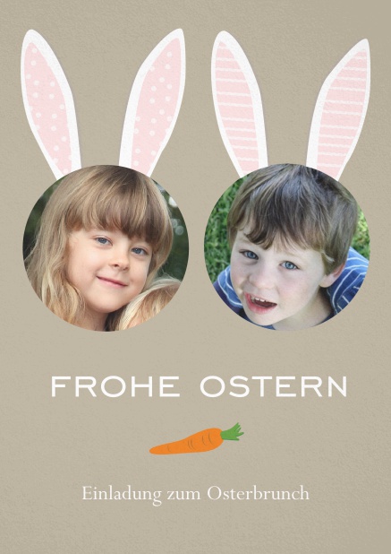 Ein fröhliches Design mit rosa Osterhasenohren über zwei Foto-Kreisen für Gesichter, perfekt für Einladungen zu Ostern