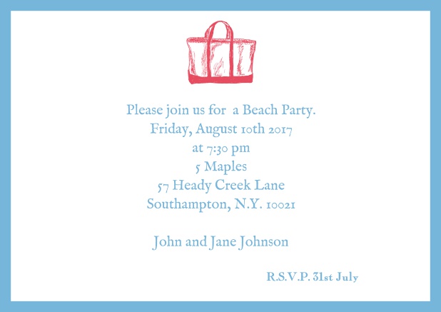 Online Invitation card with beach bag and matching colorful frame. Blue.
