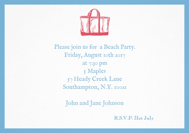 Invitation card with beach bag and matching colorful frame. Blue.