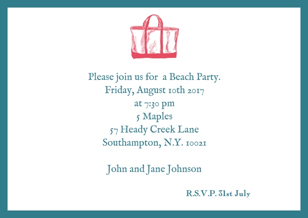 Online Invitation card with beach bag and matching colorful frame. Green.