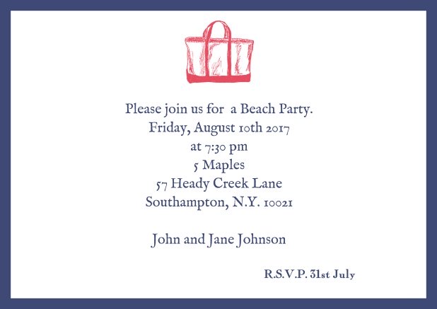 Online Invitation card with beach bag and matching colorful frame. Navy.