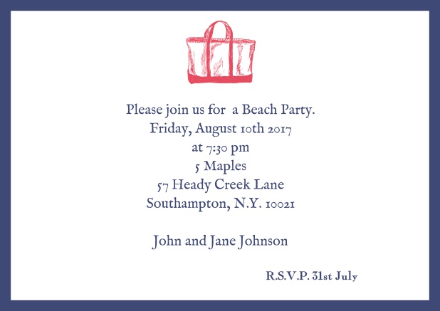 Online Invitation card with beach bag and matching colorful frame. Navy.