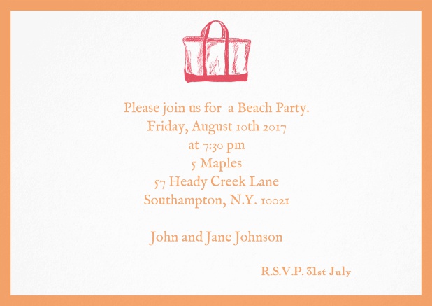 Invitation card with beach bag and matching colorful frame. Orange.