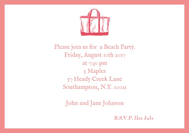 Online Invitation card with beach bag and matching colorful frame. Pink.