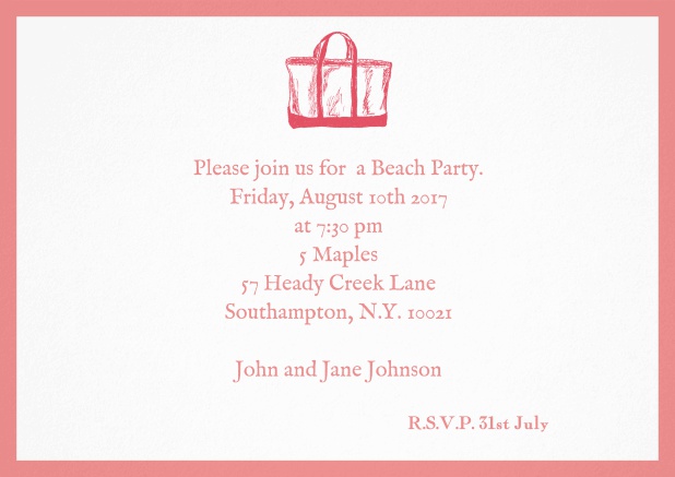 Invitation card with beach bag and matching colorful frame. Pink.