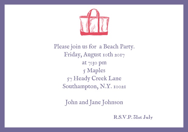 Online Invitation card with beach bag and matching colorful frame. Purple.
