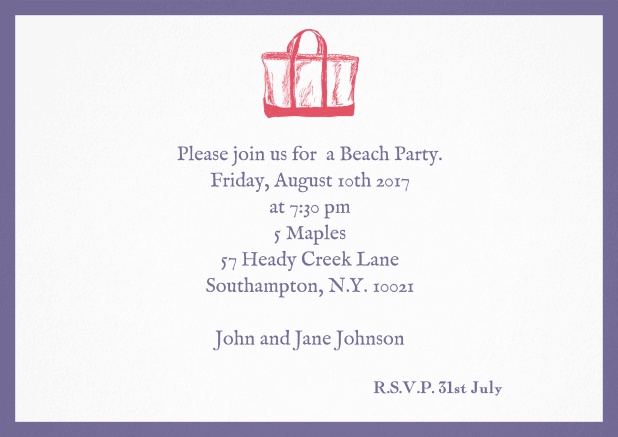 Invitation card with beach bag and matching colorful frame. Purple.