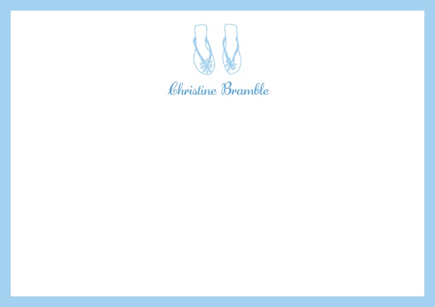 Personalizable online note card with flip flops and frame in various colors. Blue.