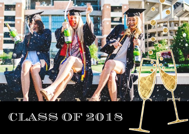 Fun graduation invitation card with two champagne glasses, photo and text. Black.