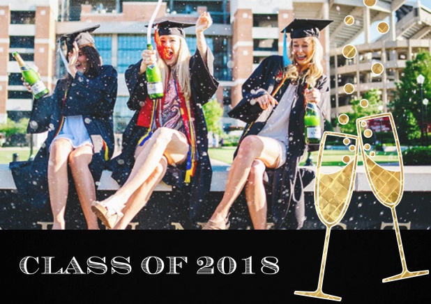 Fun graduation invitation card with two champagne glasses, photo and text. Black.