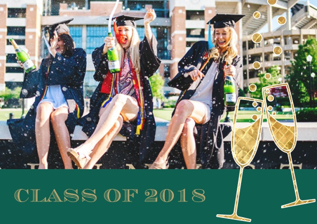 Fun graduation invitation card with two champagne glasses, photo and text. Green.